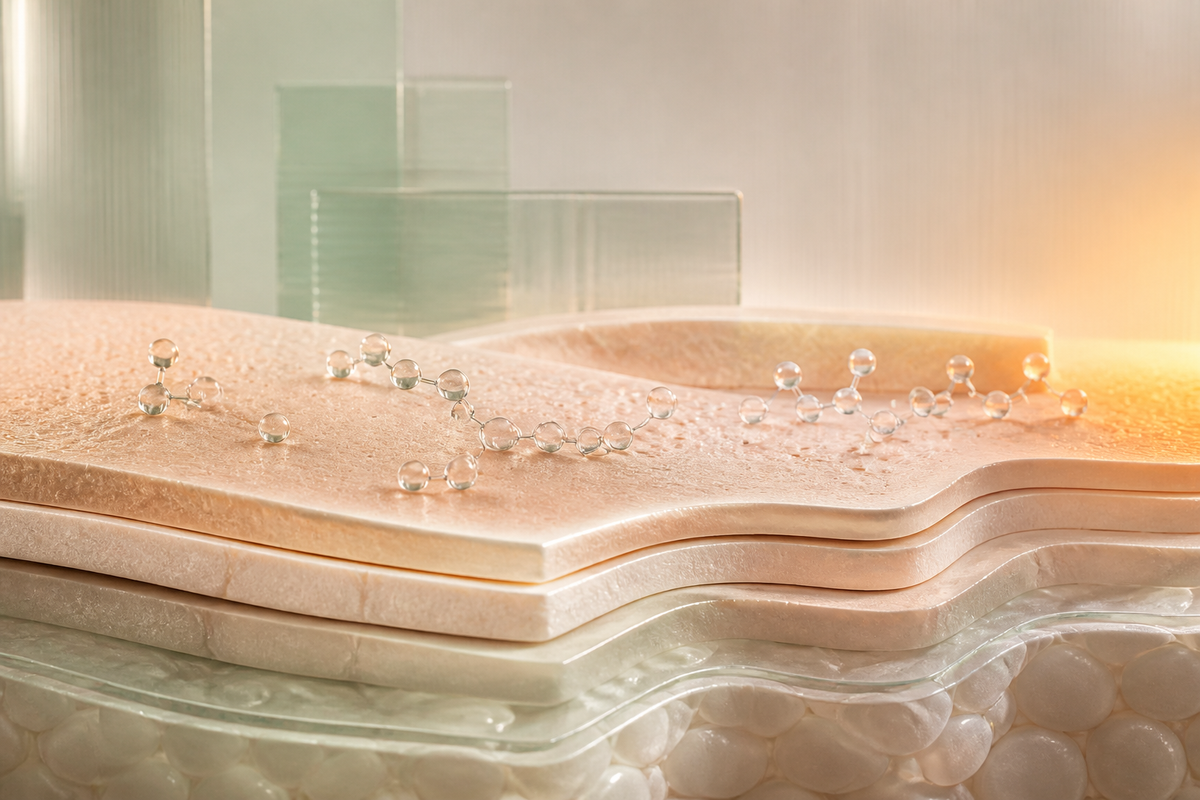 Small clear glycolic-acid molecules moving across a textured outer-skin diagram