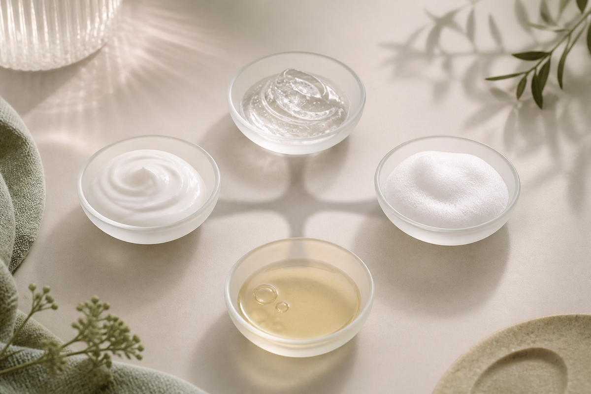 Four clear cleanser textures in identical glass dishes beside a simple decision path