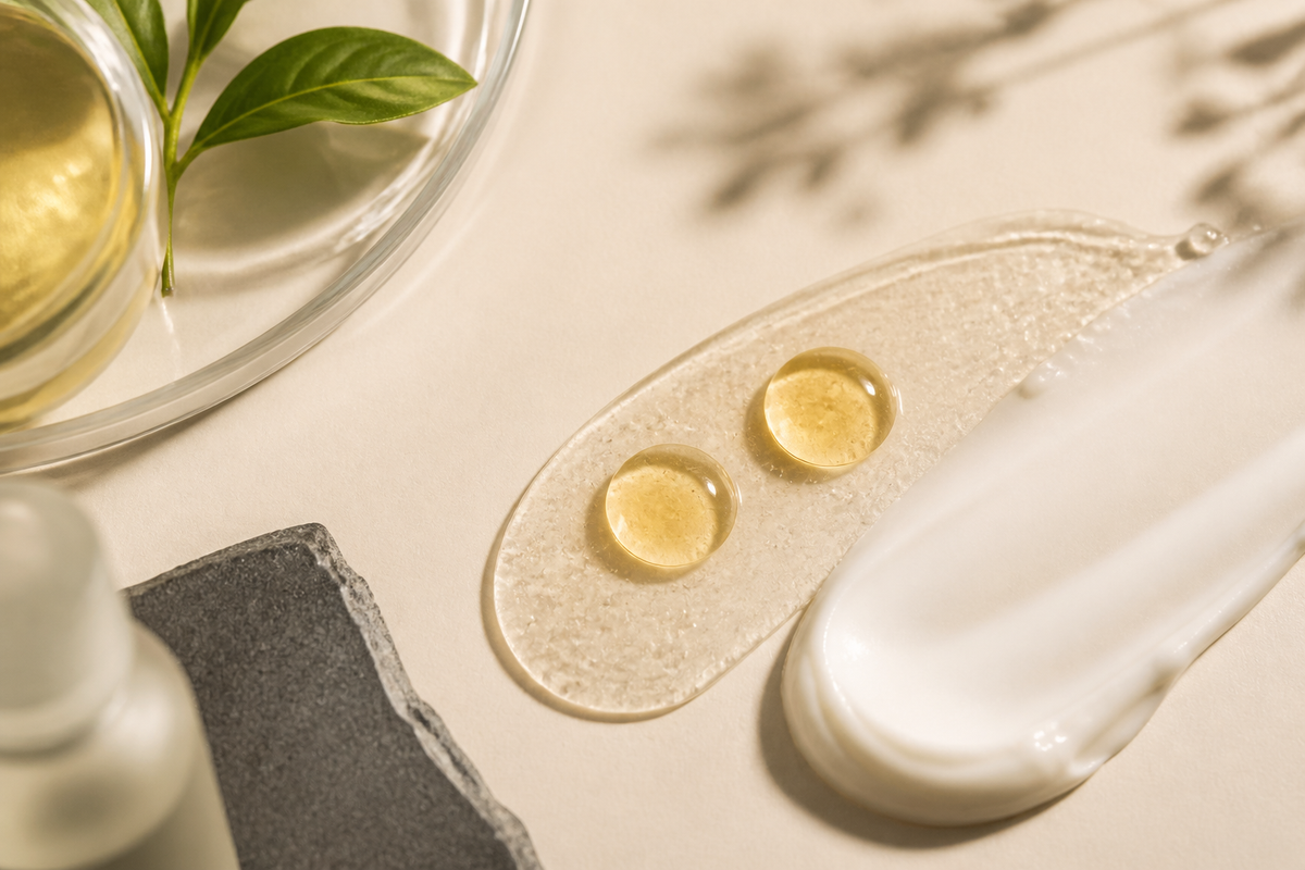 Two precise amber oil drops pressed over layered clear gel and ivory cream textures