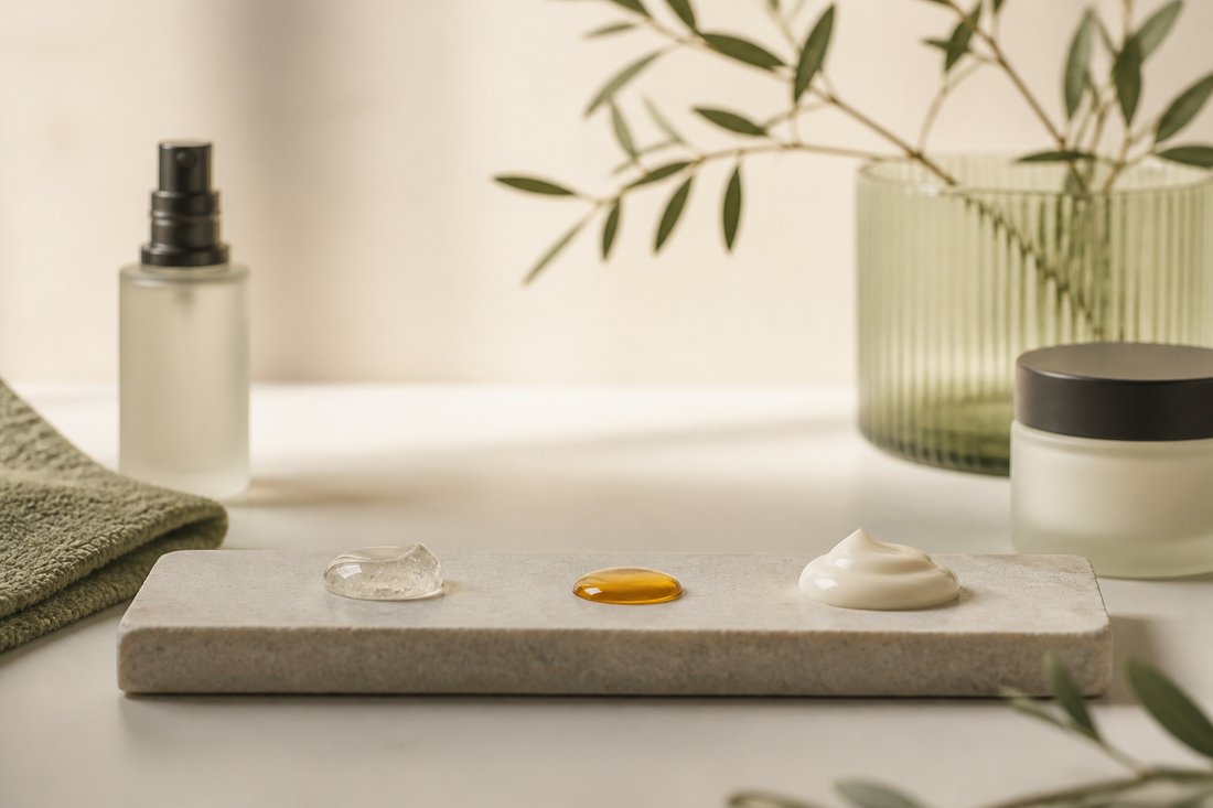 One precise active-ingredient drop joining a calm three-step routine in a controlled layout