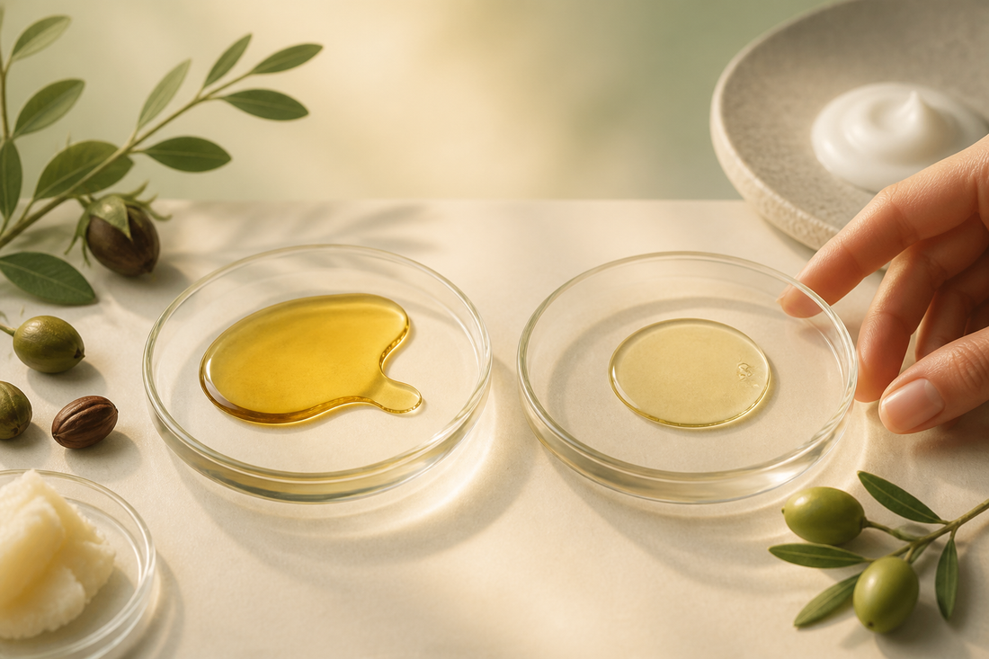 Two lightweight golden emollient oils with distinct viscosity on matched glass surfaces