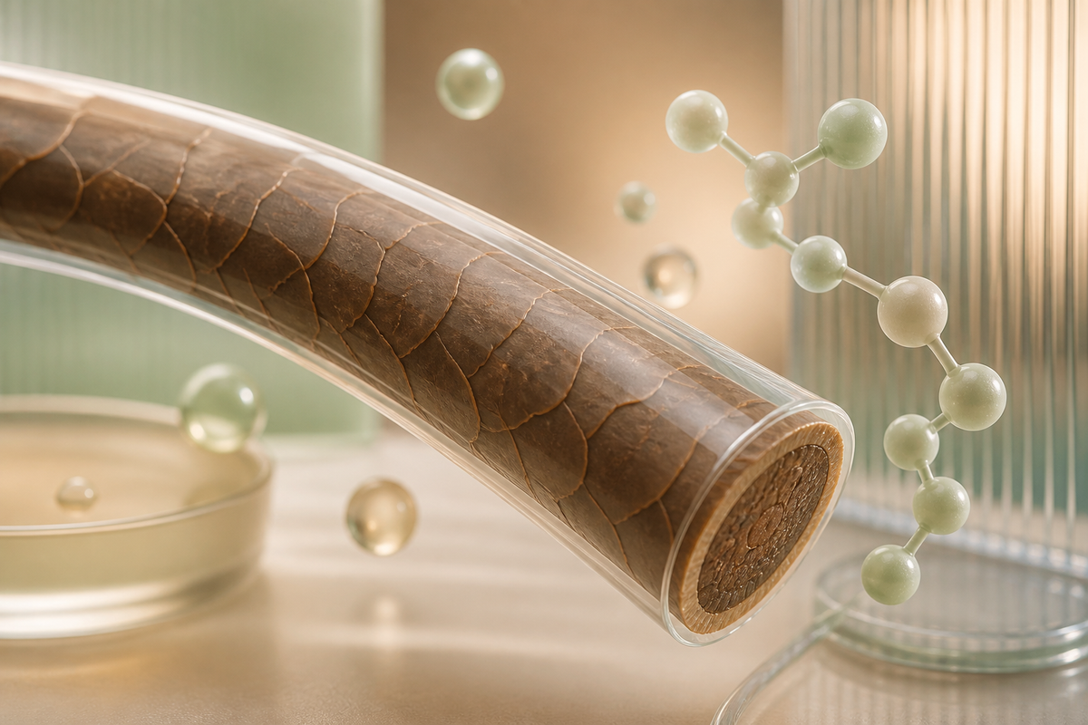 Hair fibre coated by a temporary translucent protein film beside a subtle keratin-chain motif