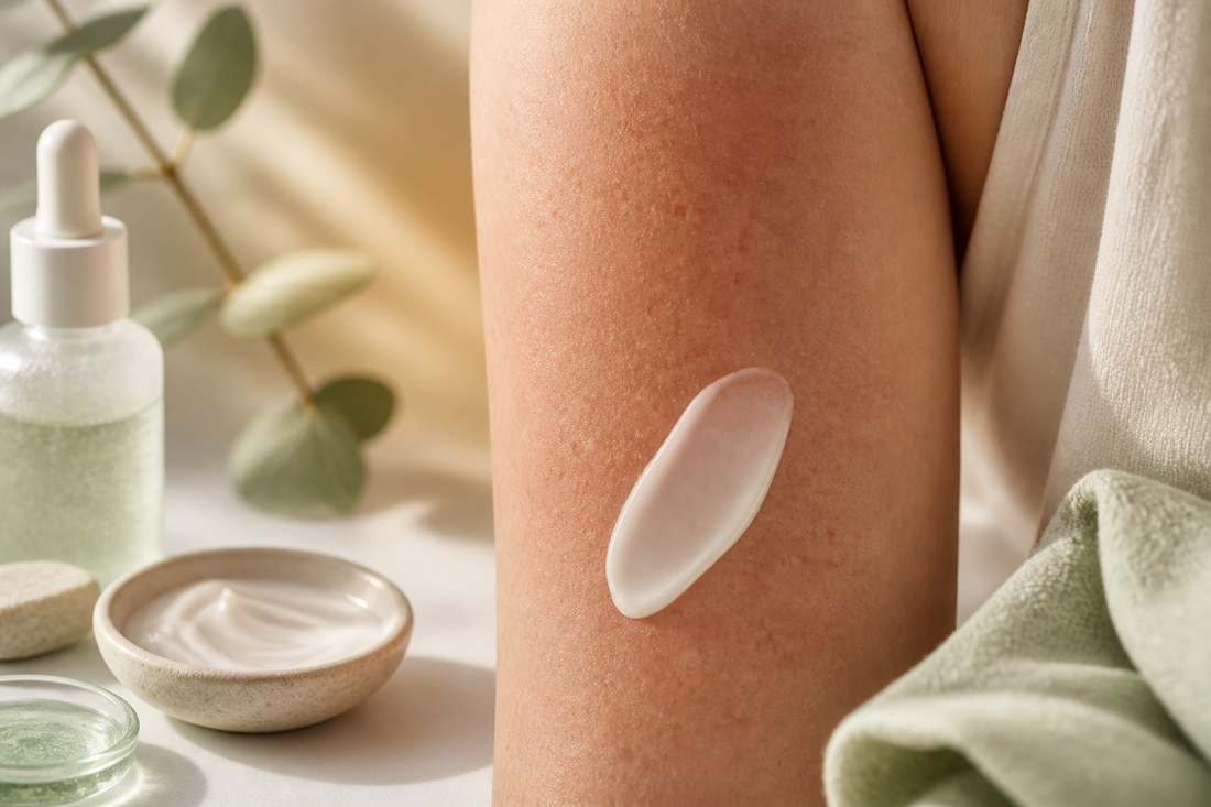 A respectful macro of mild upper-arm follicular texture beside a soothing cream swatch