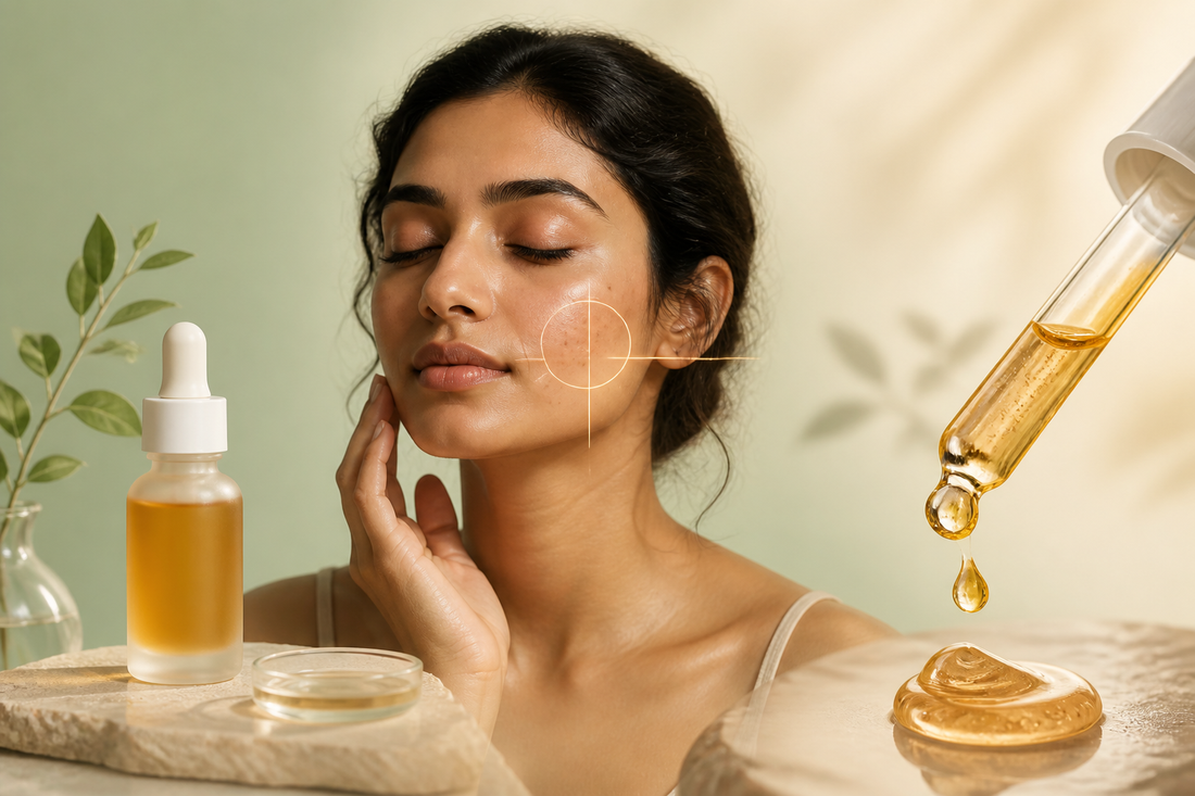 An even-tone skin gradient with a precisely placed amber brightening-serum droplet