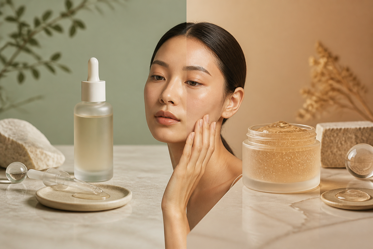 A targeted amber spot-care drop beside an all-over lightweight niacinamide gel