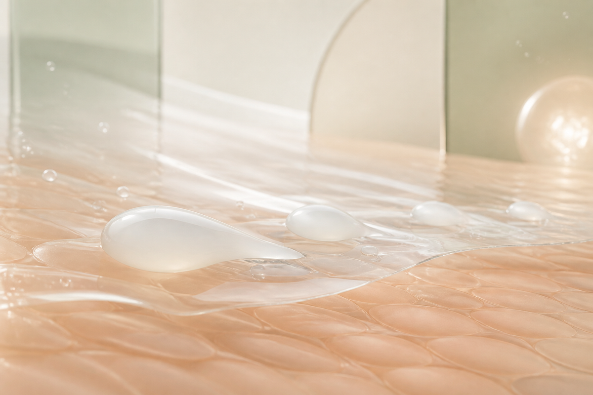 Milky translucent lactic-acid droplets smoothing a stylized skin surface with hydration cues