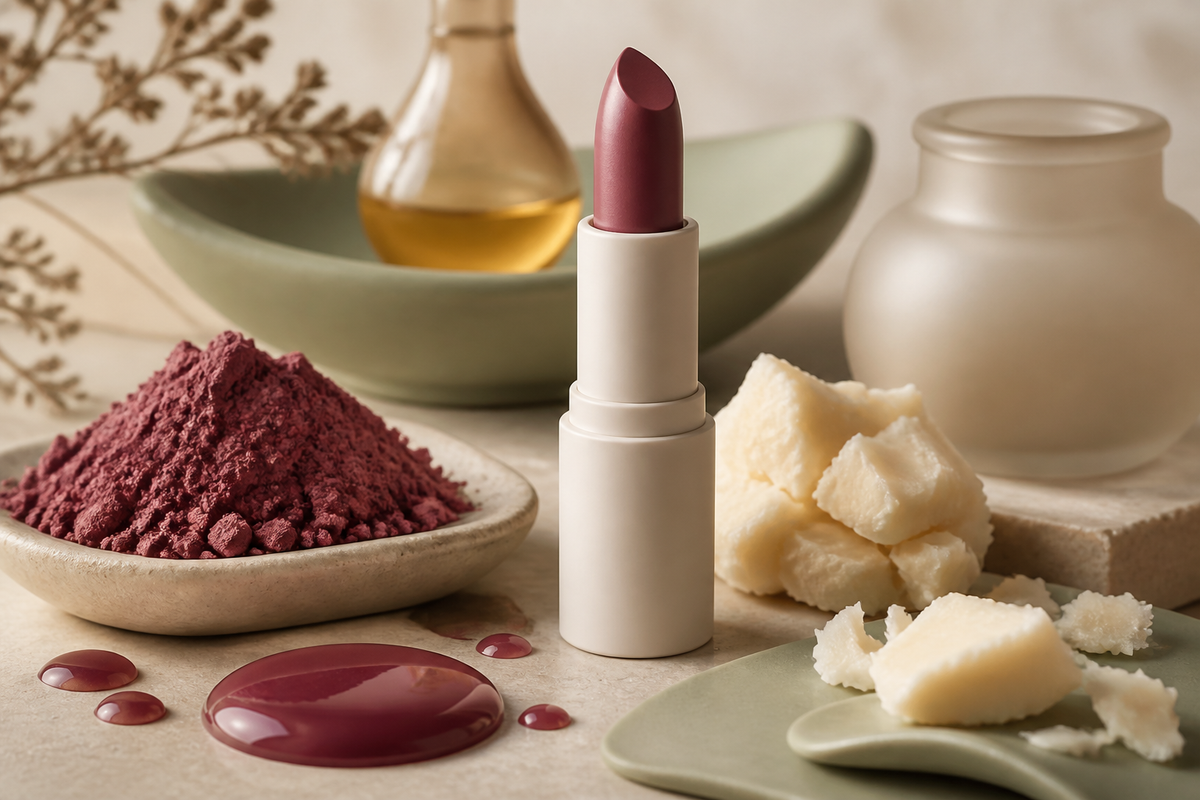 Matte lipstick pigment, berry-toned oil and ivory balm textures in a premium still life