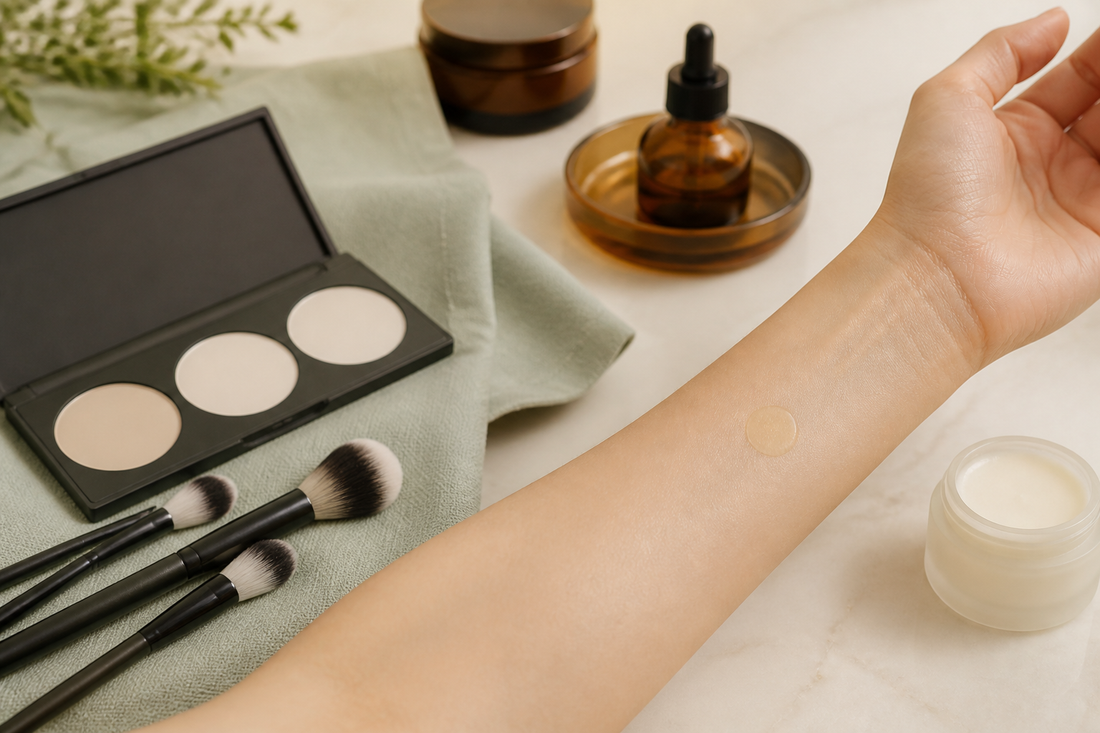Minimal makeup kit with clean soft brushes, patch-test motif and calm natural skin