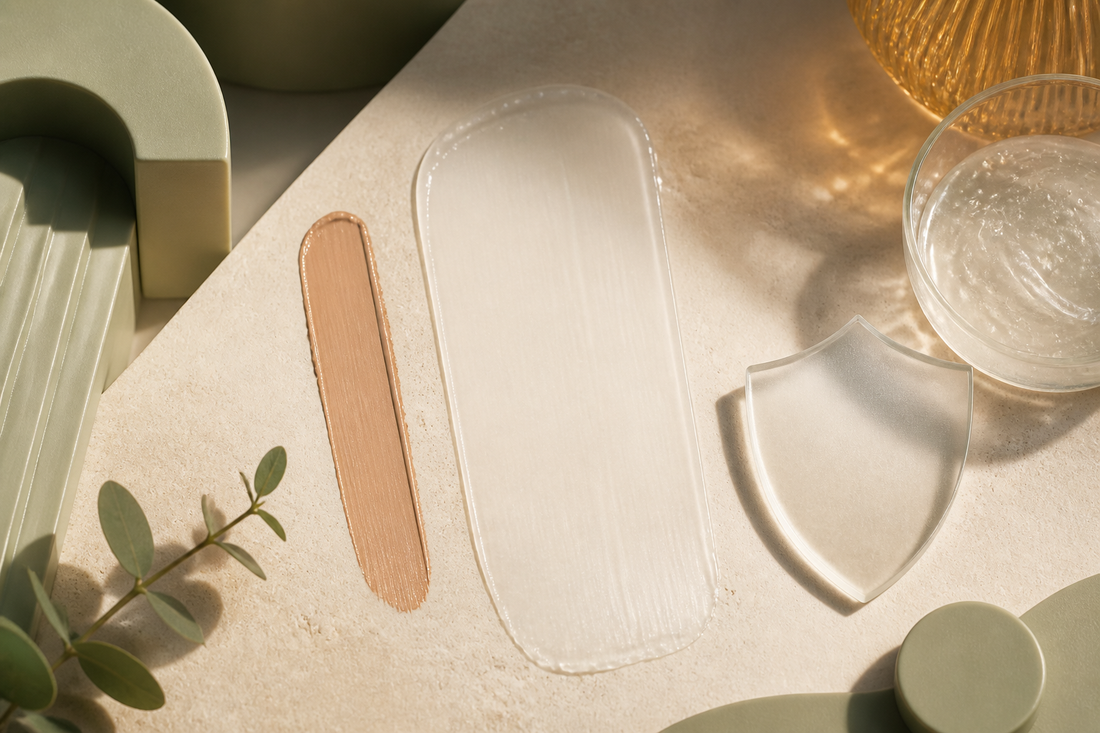 Tinted makeup swatch beside a broad even sunscreen film and soft sun-shield motif