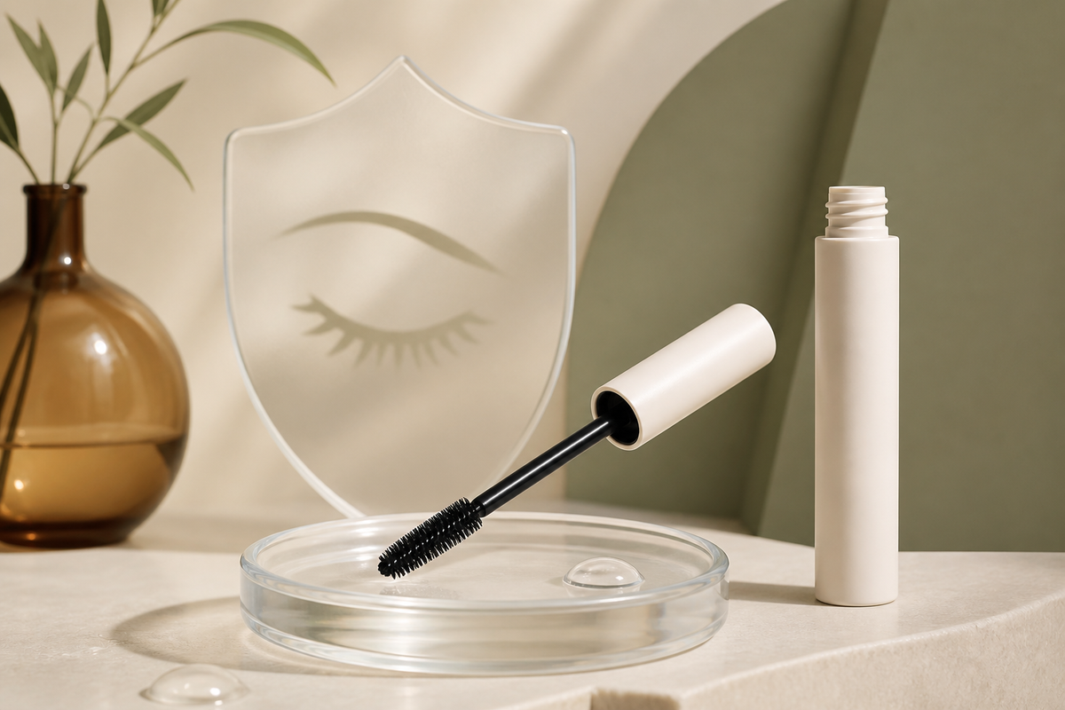 Clean mascara wand with hygiene-shield motifs beside a gentle closed-eye silhouette