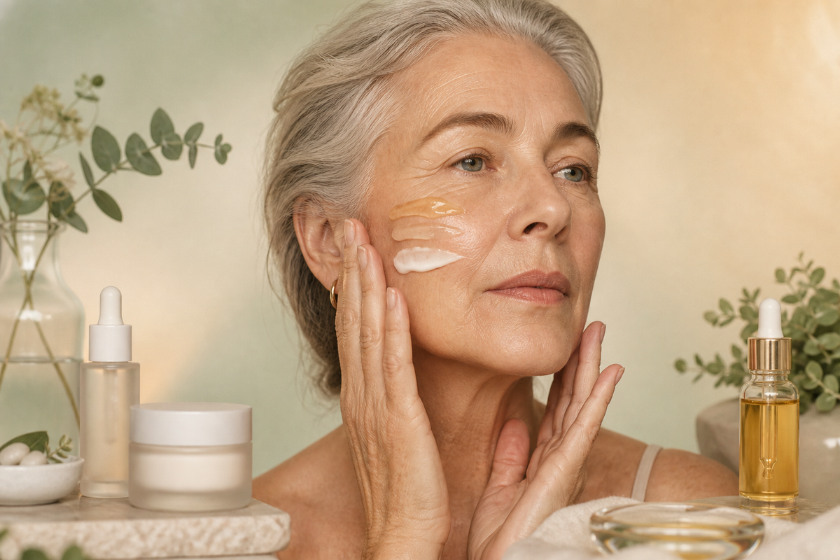 Real mature skin texture beside layered serum, cream and amber facial oil