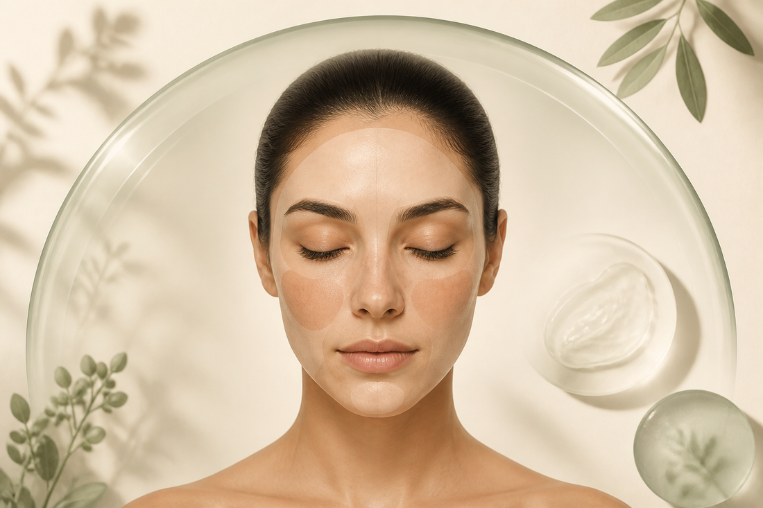Abstract symmetrical facial pigment map beneath a broad ivory and muted-sage sun shield