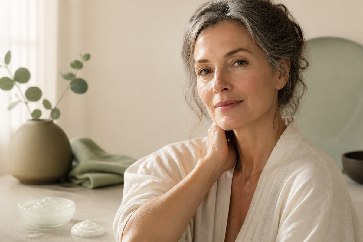 Mature woman in soft natural light beside ivory cream and amber facial-oil textures