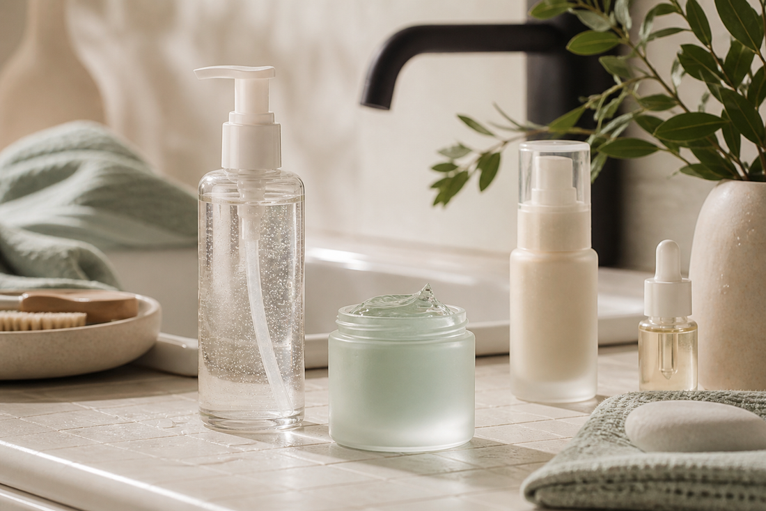 Fresh morning sink with clear gel cleanser, lightweight hydration gel and soft sun shield