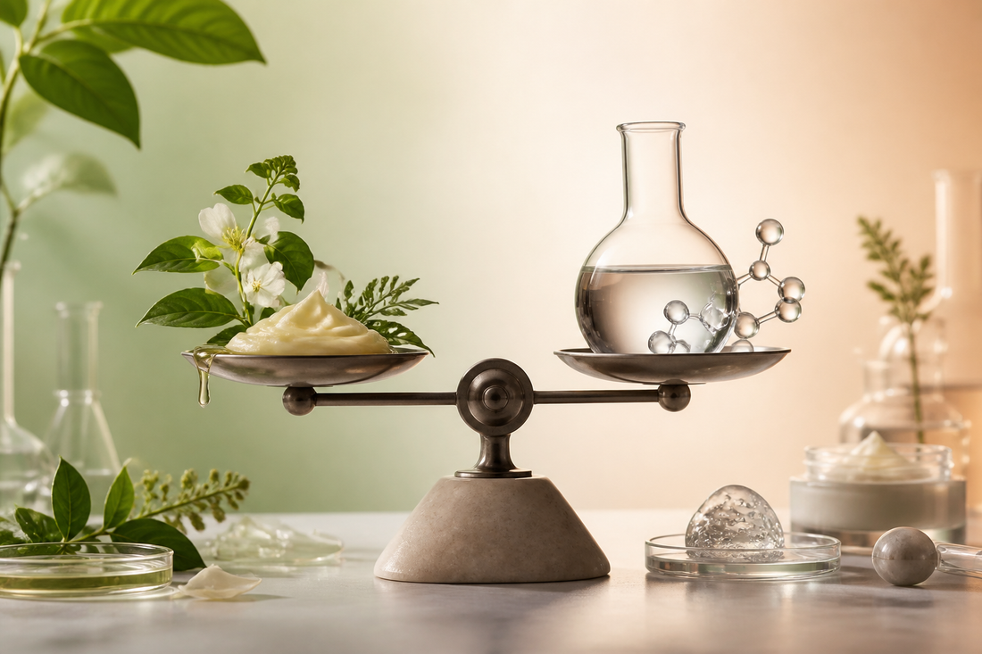 A botanical leaf and laboratory flask balanced equally on a warm neutral scale