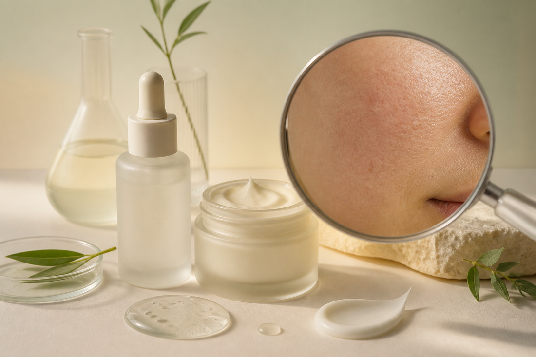 A clean cosmetic label and realistic pore texture viewed through a clear magnifying lens