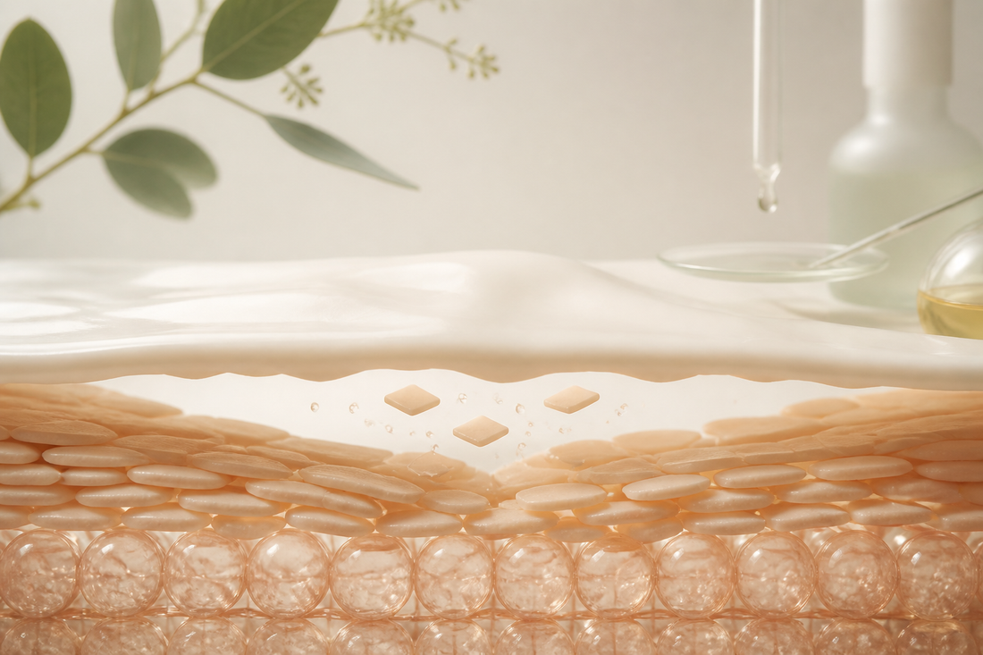 Stylized stressed skin barrier sheltered by a smooth ivory cream layer and muted sage shield