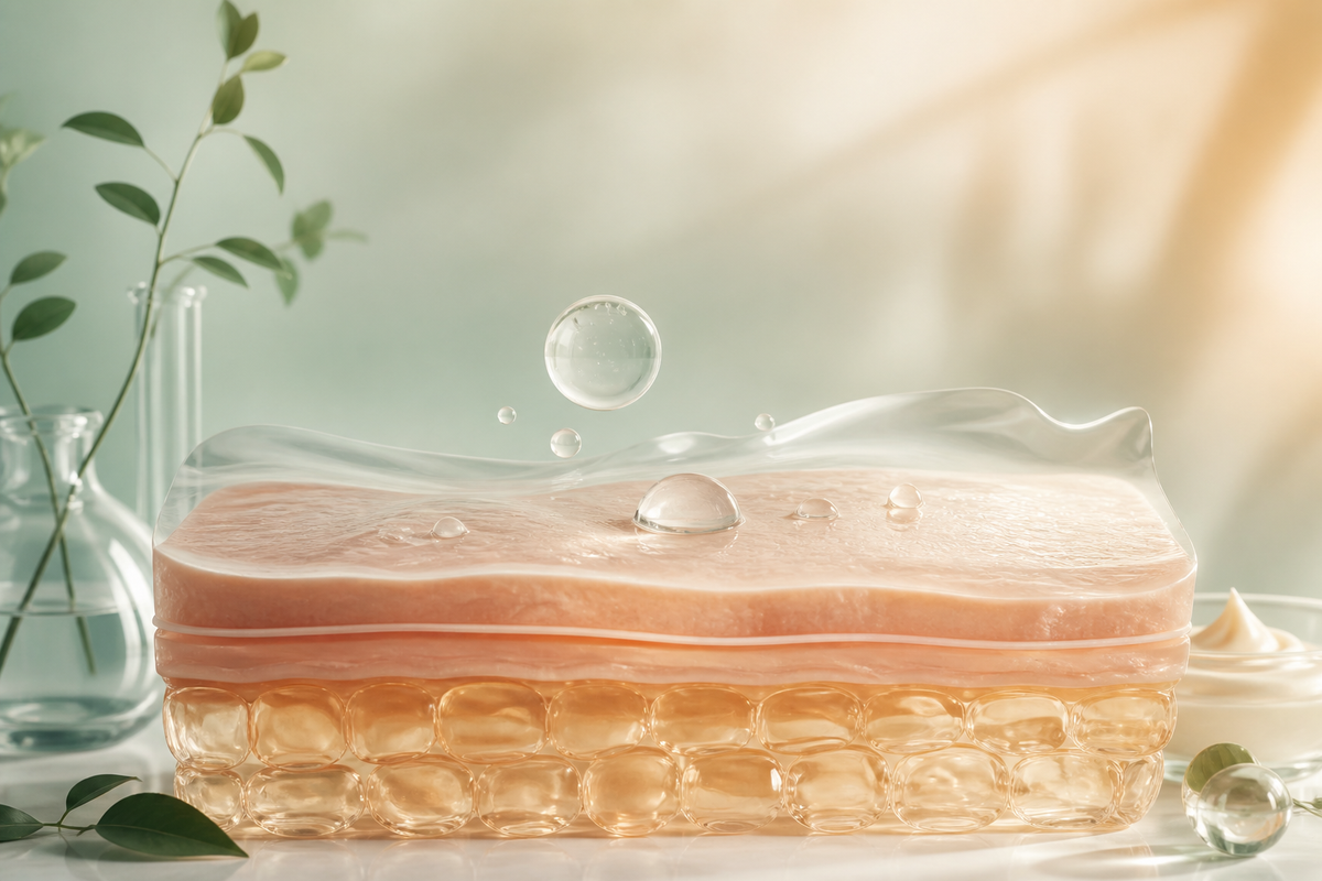 A translucent hydration veil settling over calm layered skin