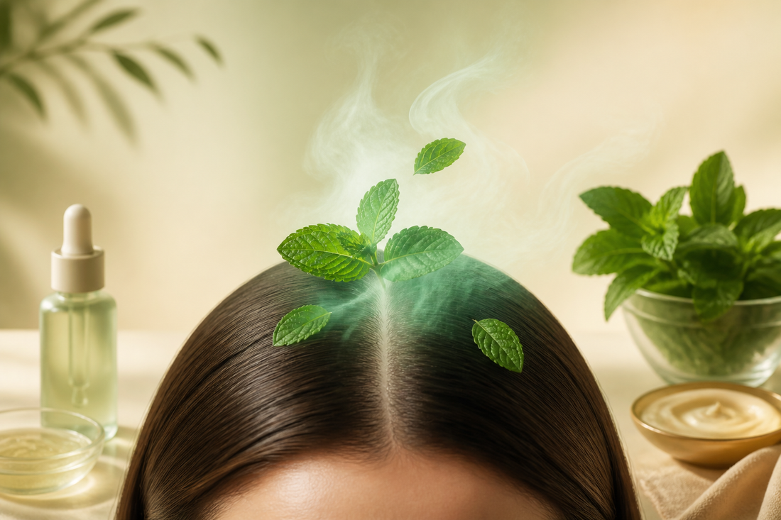 Peppermint leaves with a cool vapor-like effect around clean hair roots