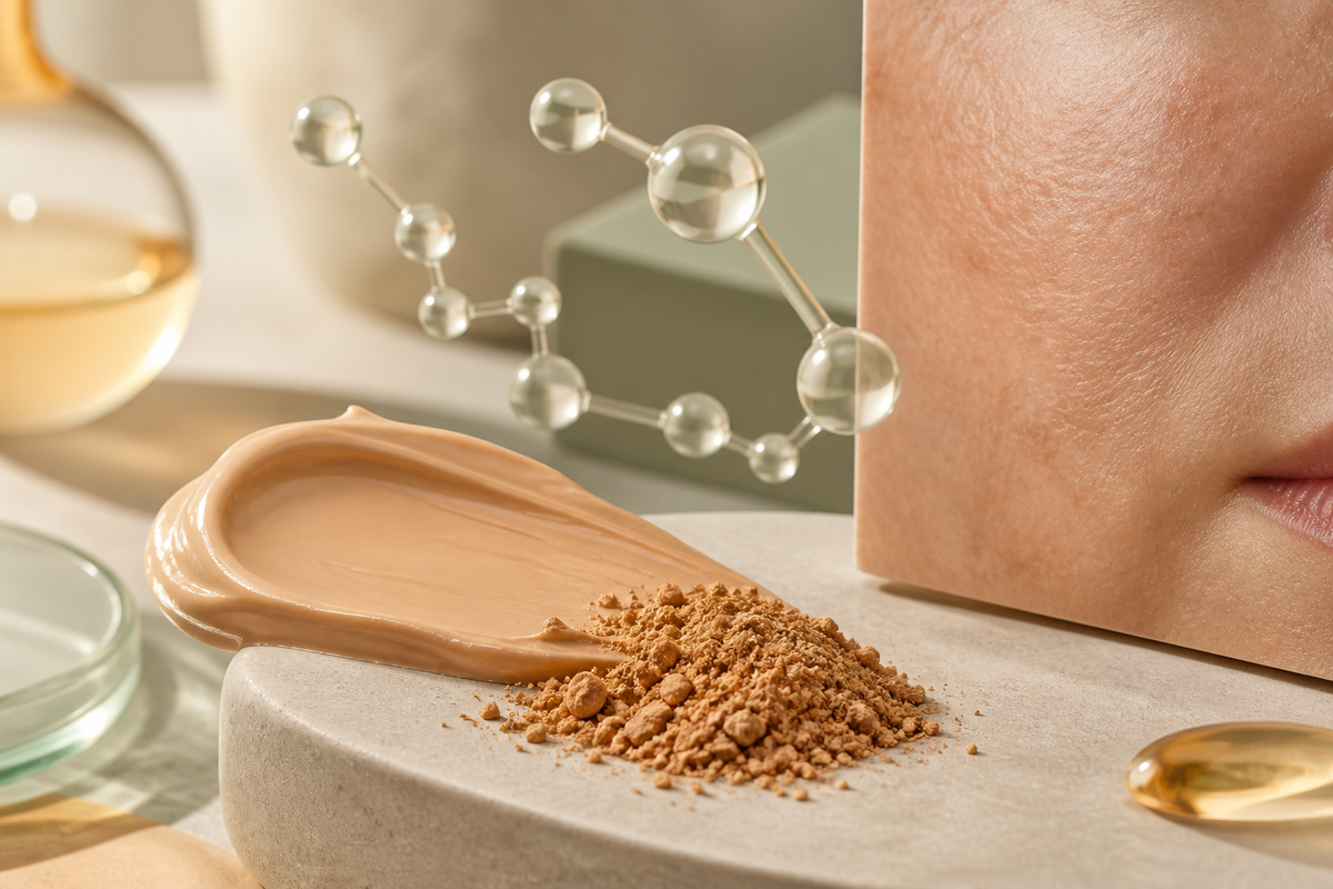 Mineral foundation pigments with a subtle peptide-chain motif beside realistic skin texture
