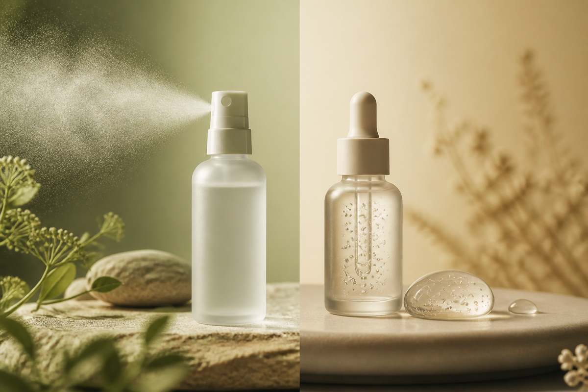 A fine hydrating mist cloud compared with a concentrated clear hyaluronic gel droplet