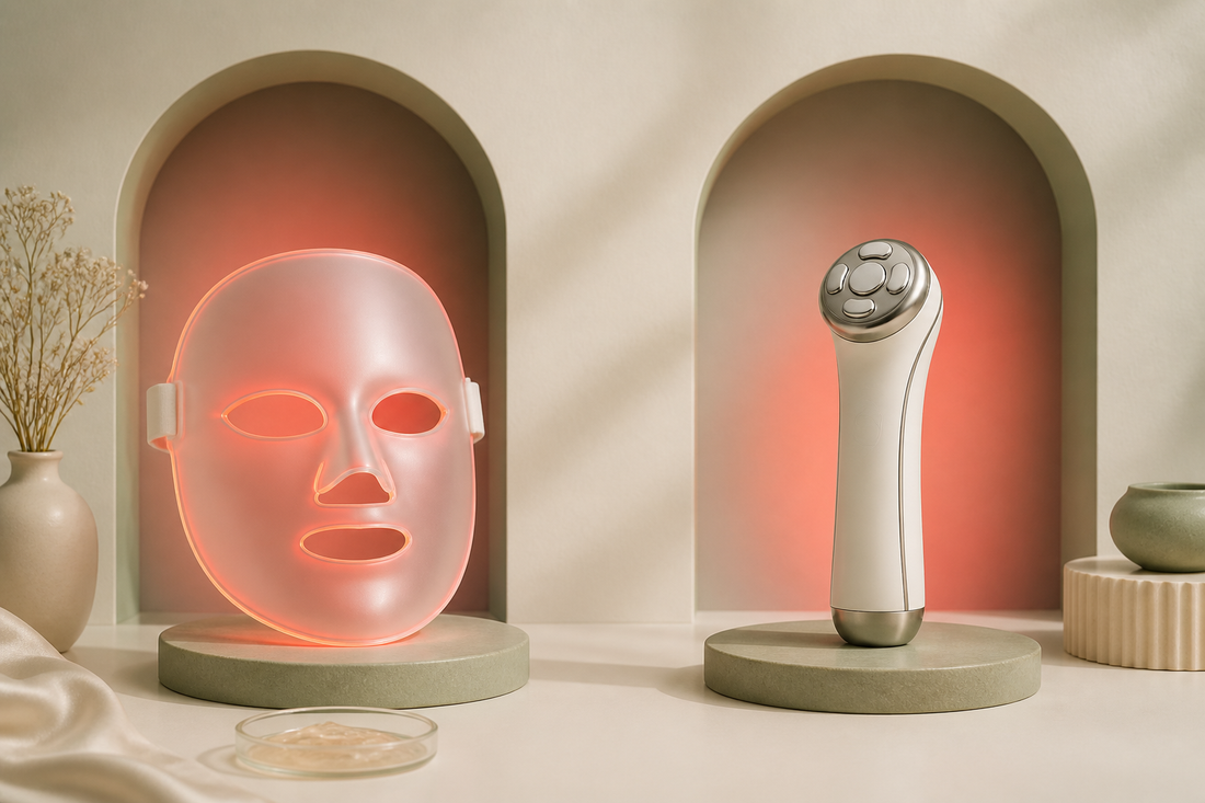Red-light face mask and handheld multi-function device in a balanced side-by-side comparison