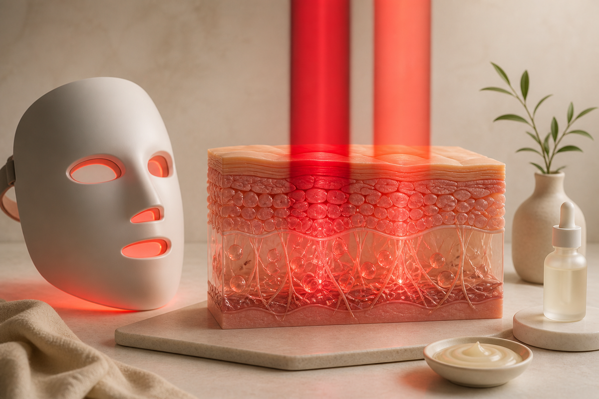 Controlled red wavelengths reaching a stylized skin cross-section beside a neutral device silhouette