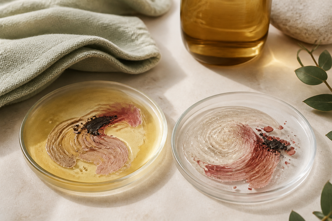Makeup pigment dissolving gently into cleansing oil and clear gel beside a soft cloth