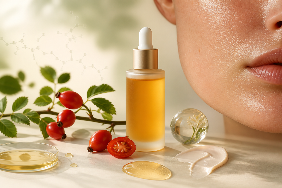 Rosehip fruit and amber facial oil beside a realistic natural skin texture
