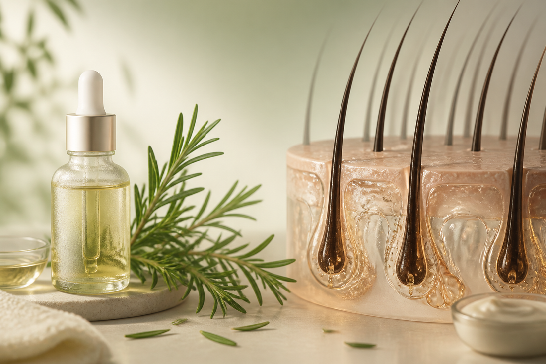 Rosemary sprigs beside a clean scalp and detailed hair-root macro illustration