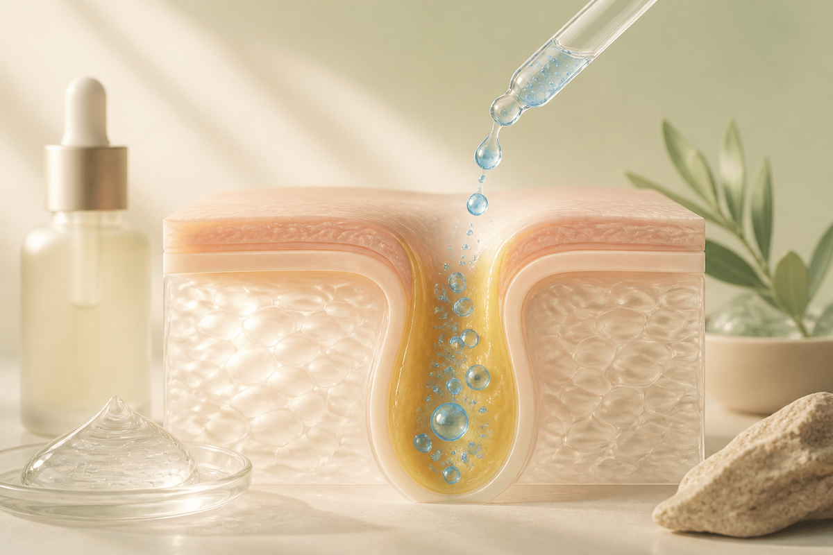 A clean pore cross-section with blue oil-soluble droplets moving through sebum