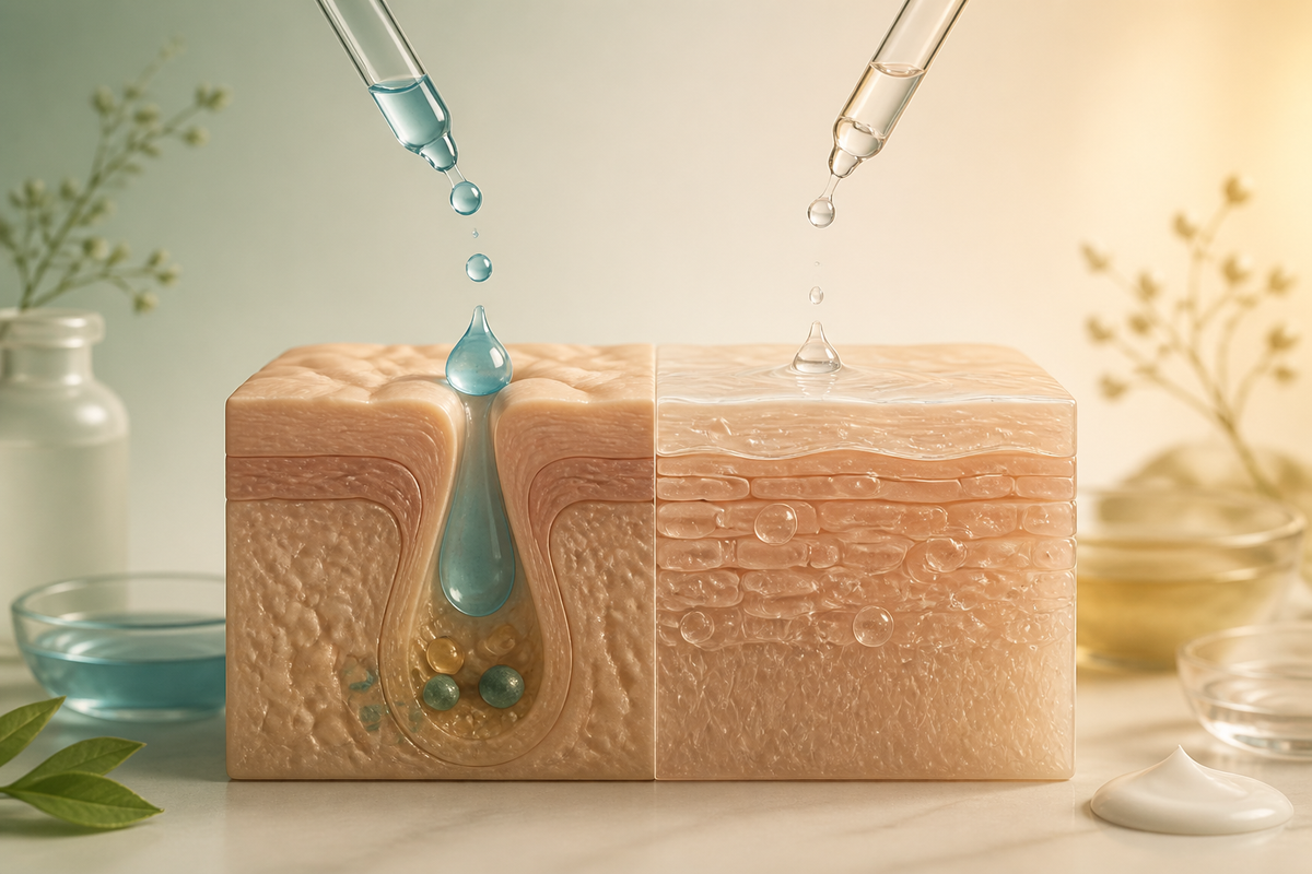 A blue oil-soluble droplet and clear water-soluble droplet moving through different skin zones