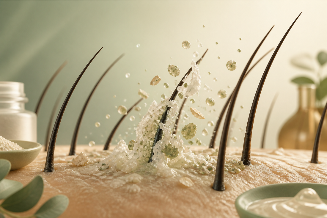 Hair roots with layered styling residue being gently lifted by sparse exfoliating particles