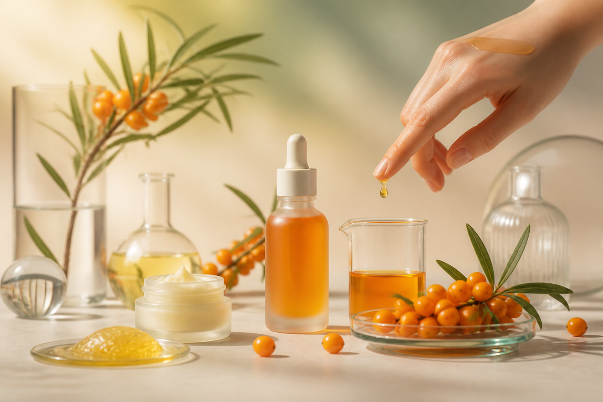 Orange sea buckthorn berries with luminous amber oil on a neutral laboratory surface