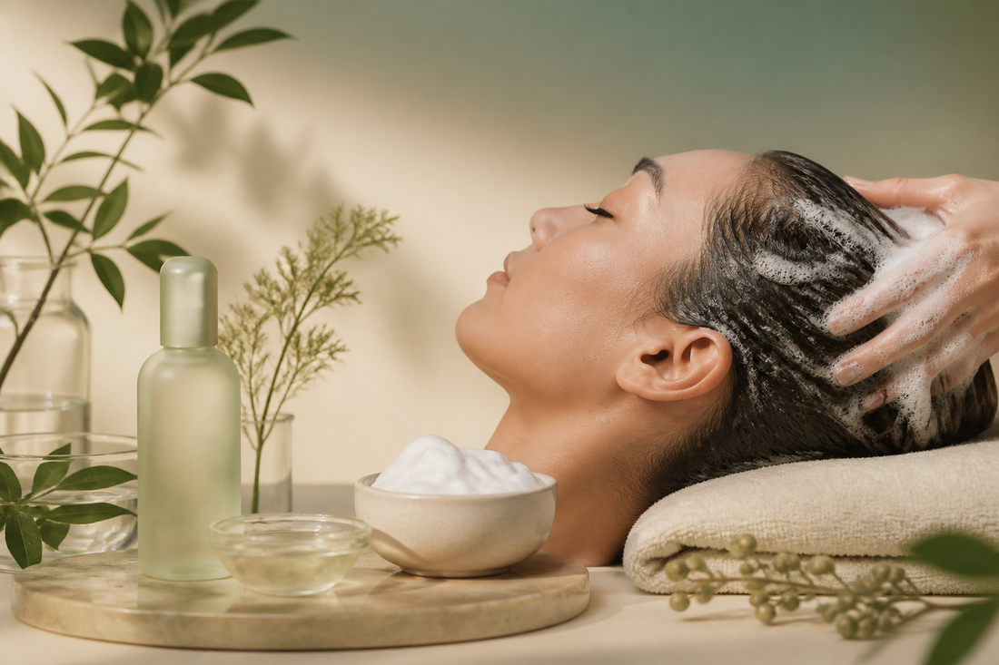 A calm scalp with soft cleansing foam against a cool muted-sage background