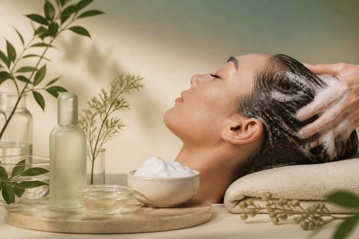 A calm scalp with soft cleansing foam against a cool muted-sage background