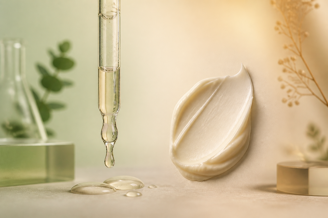 A light serum pipette and rich moisturising cream swatch shown in equal editorial framing
