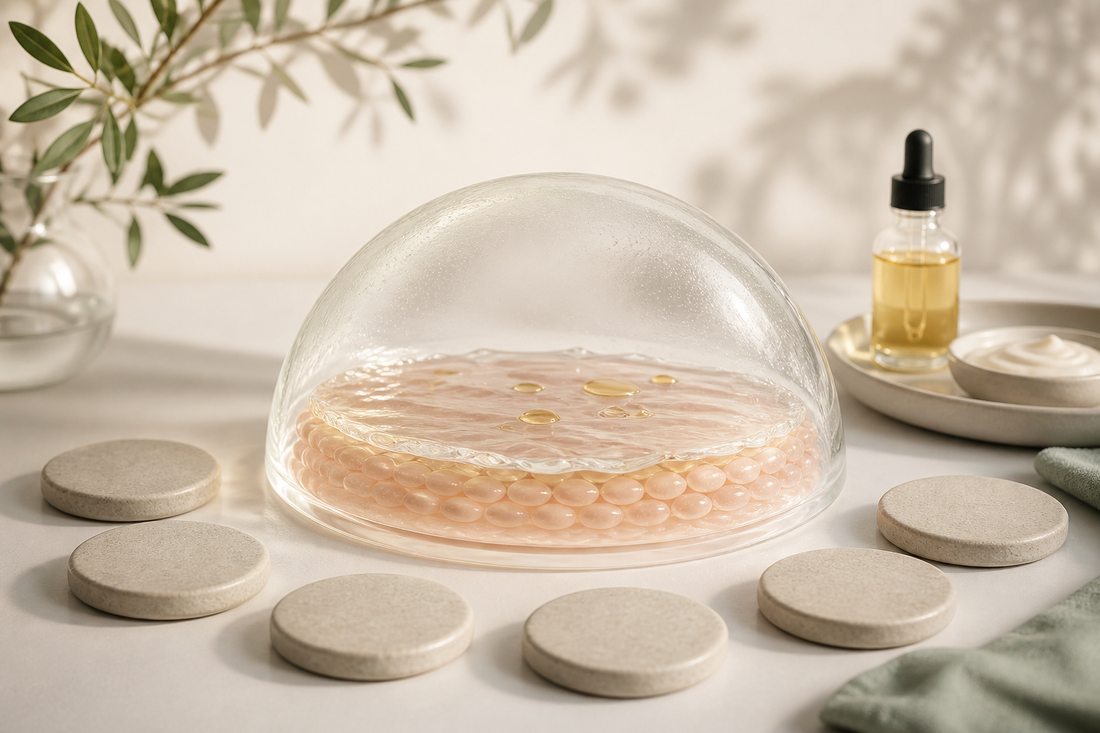 Seven subtle day markers surrounding a calm protective skin-barrier dome