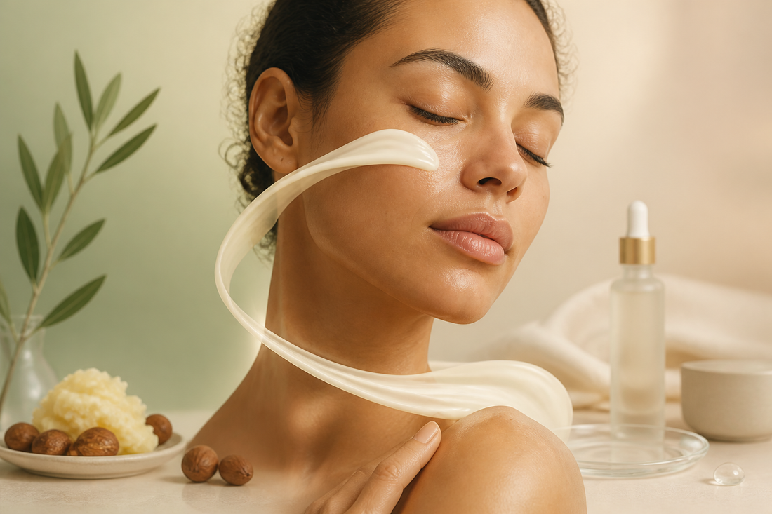 An ivory ribbon of shea butter forming a soft protective layer over skin