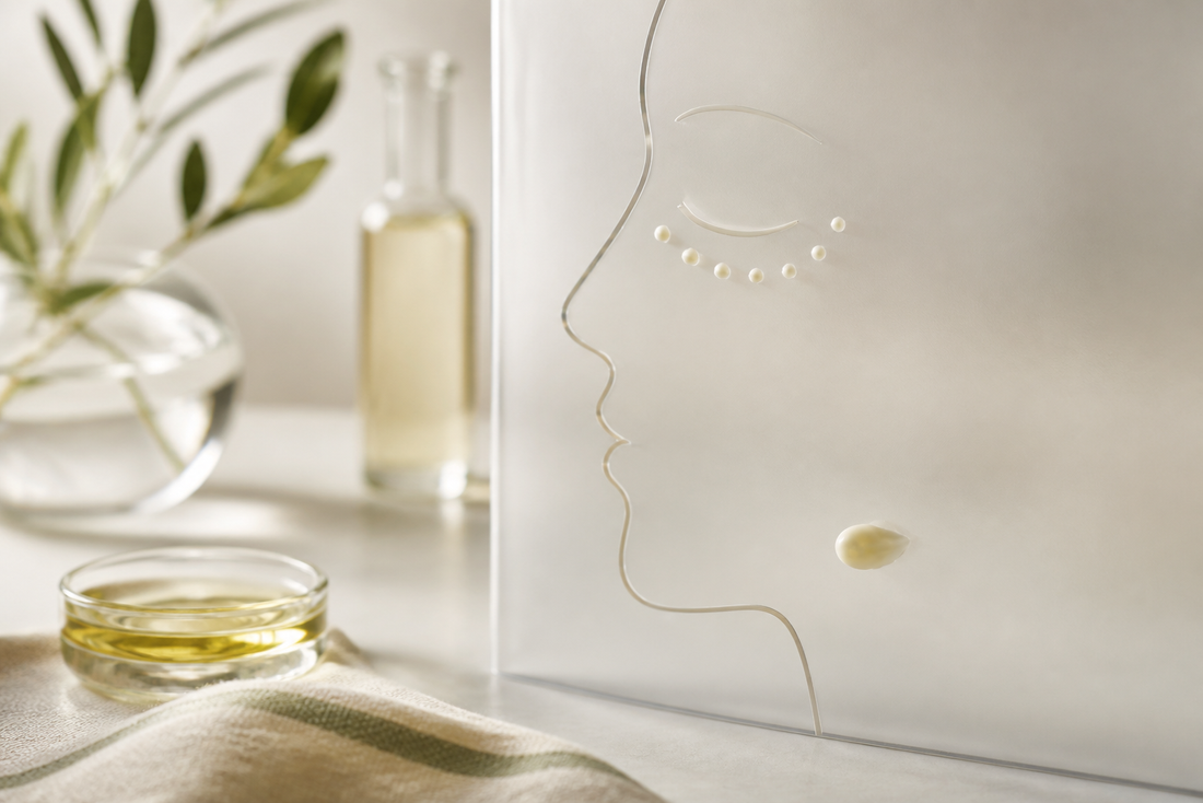 Rice-grain-sized eye cream beside a gentle orbital application map on warm ivory