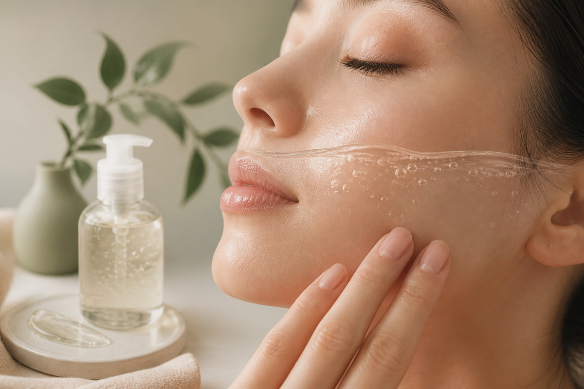 Subtle pH arc above a realistic skin surface beside clear gel cleanser on warm ivory