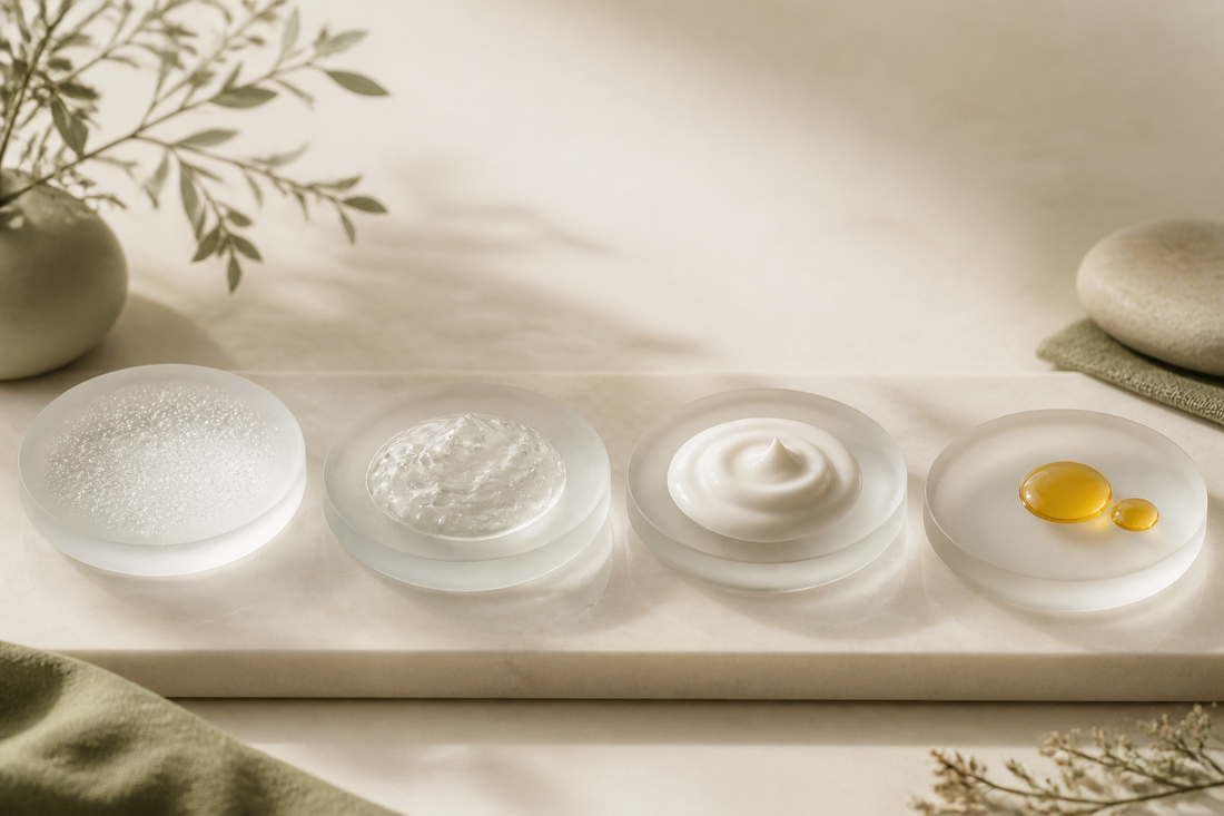 Ascending mist, serum, cream and oil textures arranged from light to rich on warm ivory