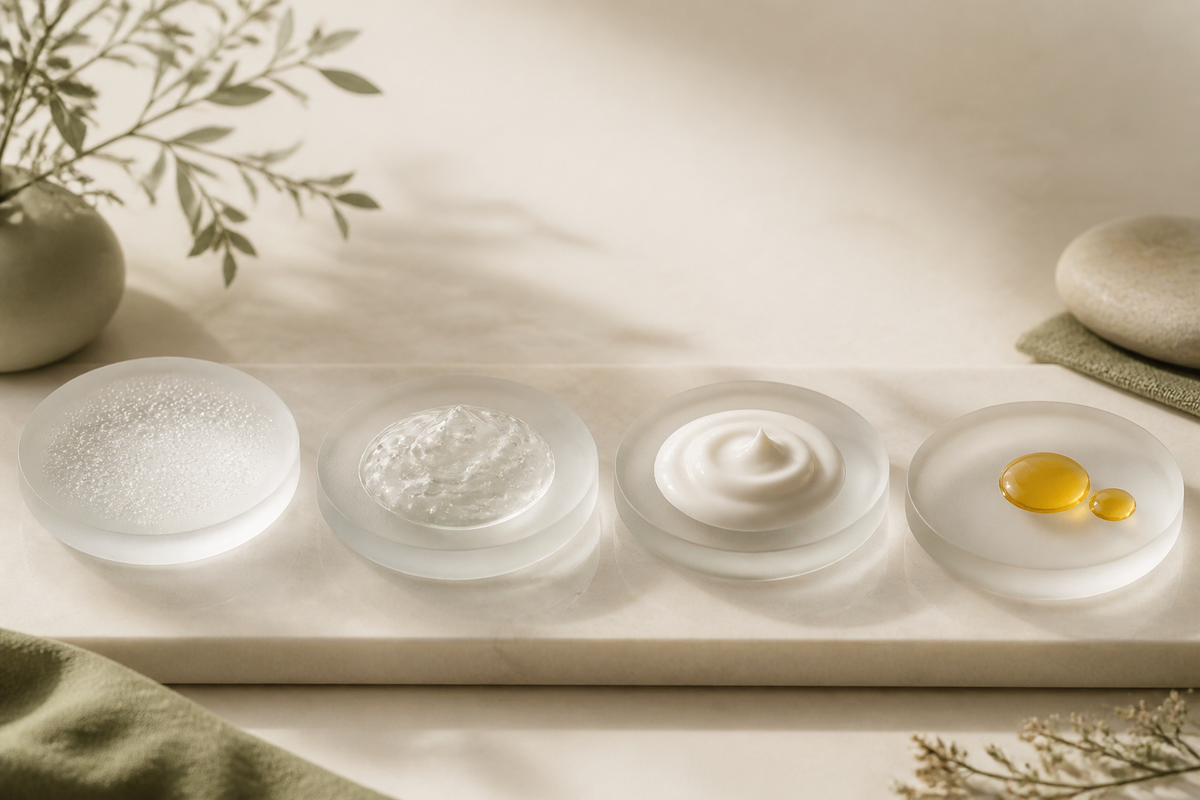 Ascending mist, serum, cream and oil textures arranged from light to rich on warm ivory