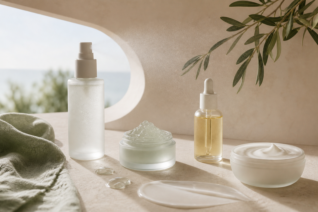 Airy clear gel, fine face mist and broad soft sun shade on a bright warm-ivory set