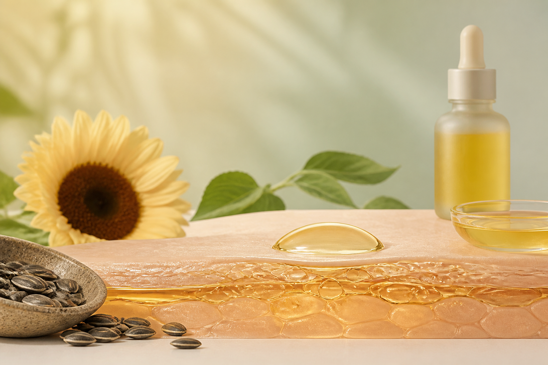 Sunflower seeds and a light golden oil film layered over the skin barrier