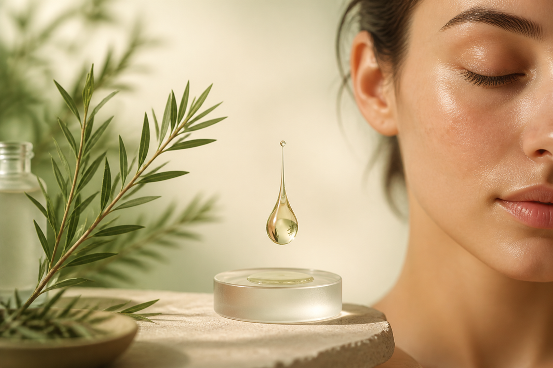Tea tree leaves and one controlled botanical droplet beside calm skin