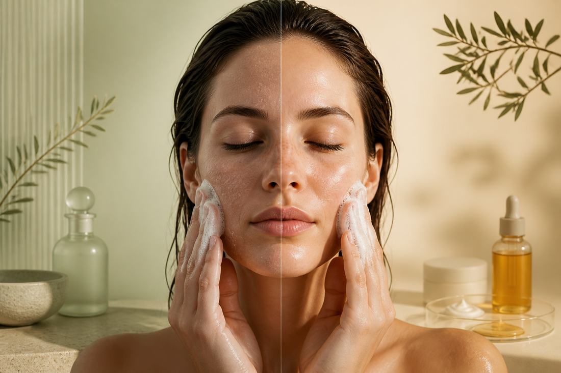 A facial cleansing scene split between stripped tight skin and a comfortable moisturised finish