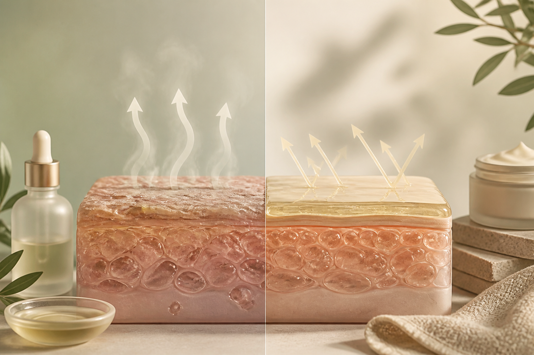 Water vapor escaping an unprotected skin barrier beside a moisturised protected barrier