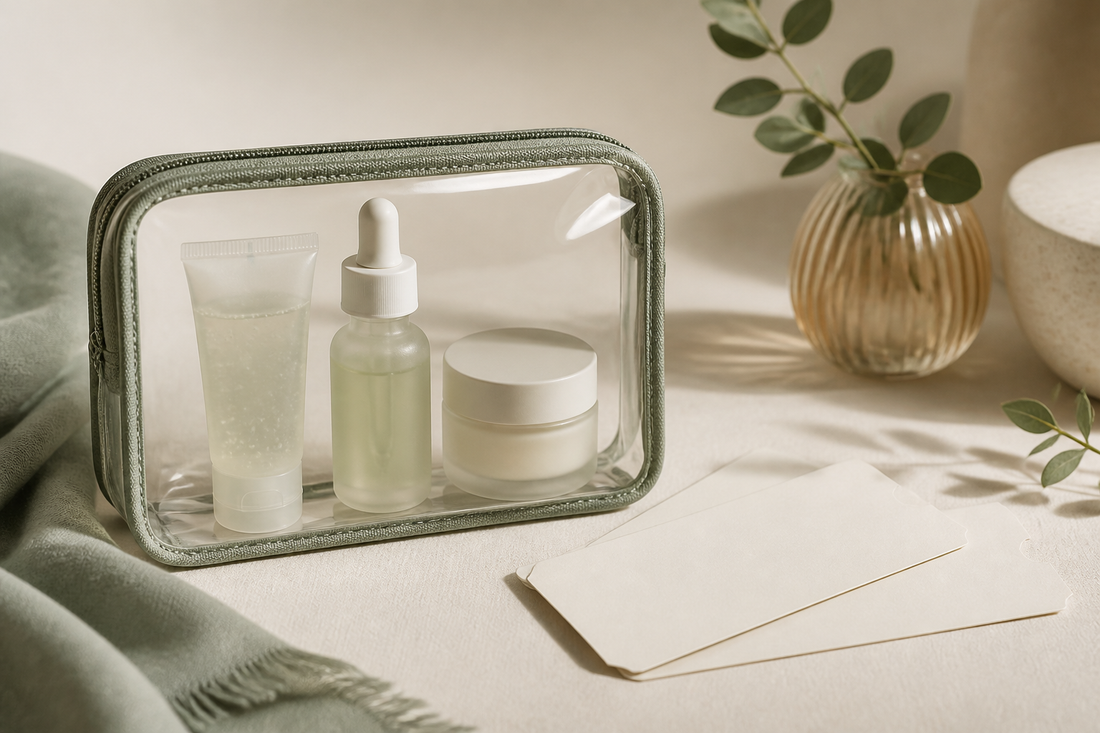 Compact transparent travel pouch with three unbranded skincare textures and abstract boarding shapes