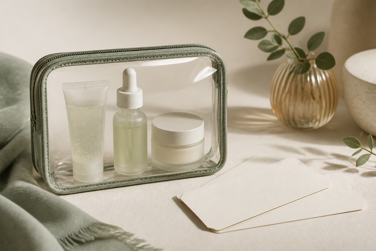 Compact transparent travel pouch with three unbranded skincare textures and abstract boarding shapes